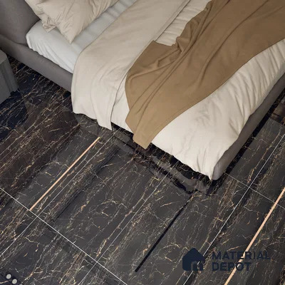 Marble Portoro Wall & Floor Tile TL 05153 Jet Black 4 ft x 2 ft High Gloss Finish Vitrified Tile - 9 mm | 6 Random Designs | Suitable For Living Room, Bedroom, Dining
