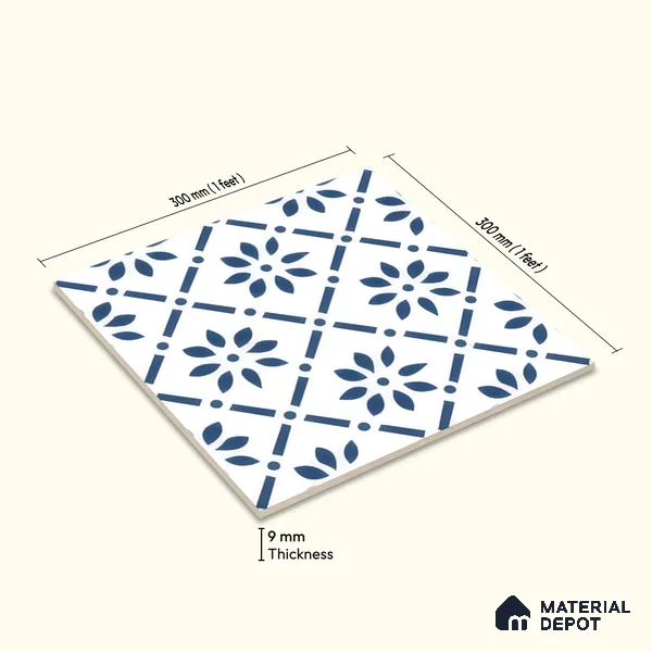 Moroccan Wall & Floor Tile TL 05174 Zellige Azure Petal Square Multi Colour 1 ft x 1 ft Porcelain Matte Finish - 9 mm | Suitable for Kitchen, Bathroom, Balcony | Please Expect a Slight Variation of Pattern