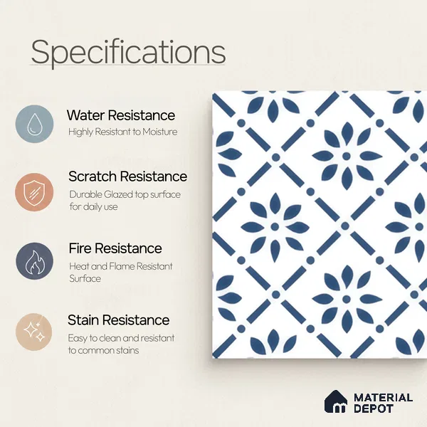 Moroccan Wall & Floor Tile TL 05174 Zellige Azure Petal Square Multi Colour 1 ft x 1 ft Porcelain Matte Finish - 9 mm | Suitable for Kitchen, Bathroom, Balcony | Please Expect a Slight Variation of Pattern