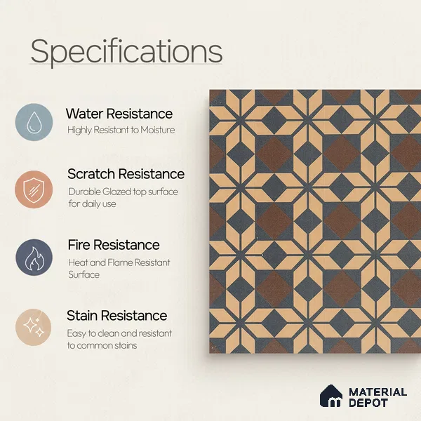Moroccan Wall & Floor Tile TL 05178 C Zellige Monochrome Beige Multi Colour 1 ft x 1 ft Porcelain Matte Finish - 9 mm | Suitable for Kitchen, Bathroom, Balcony | Please Expect a Slight Variation of Pattern
