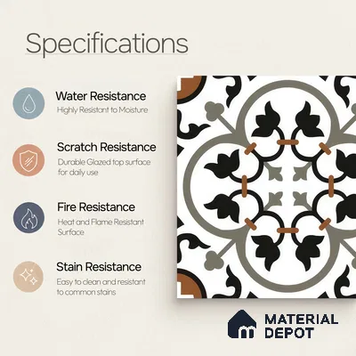 Moroccan Wall & Floor Tile TL 05184 Zellige Grey Liner Floral Multi Colour 1 ft x 1 ft Porcelain Matte Finish - 9 mm | Suitable for Kitchen, Bathroom, Balcony | Please Expect a Slight Variation of Pattern