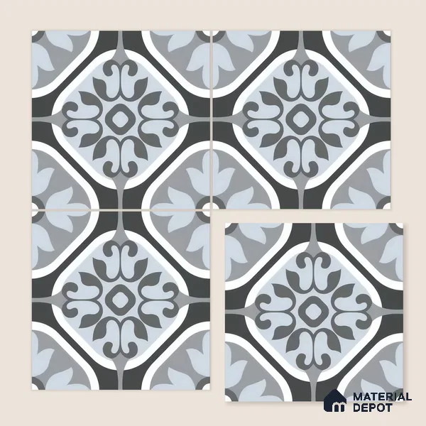 Moroccan Wall & Floor Tile TL 05191 Zellige Floral Grey Multi Colour 1 ft x 1 ft Porcelain Matte Finish - 9 mm | Suitable for Kitchen, Bathroom, Balcony | Please Expect a Slight Variation of Pattern