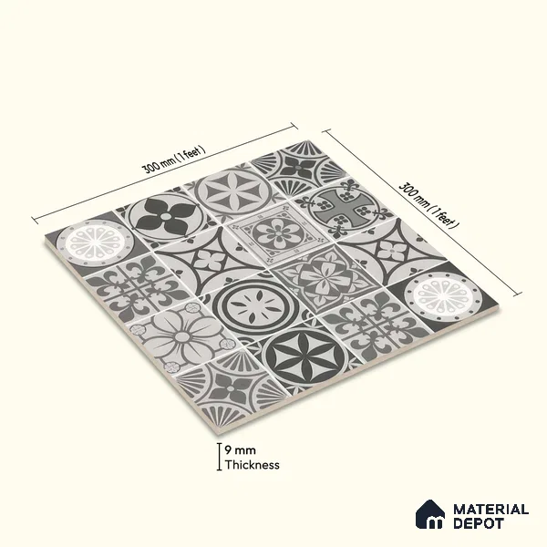 Moroccan Wall & Floor Tile TL 05194 Zellige Vibrant Grey Grey 1 ft x 1 ft Porcelain Matte Finish - 9 mm | Suitable for Kitchen, Bathroom, Balcony | Please Expect a Slight Variation of Pattern