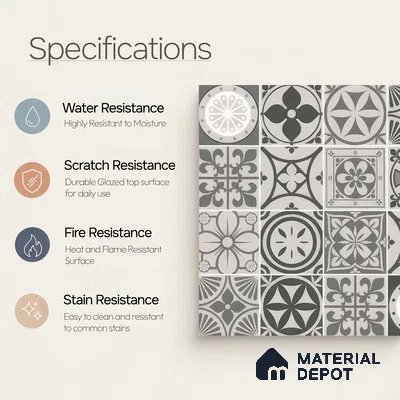 Moroccan Wall & Floor Tile TL 05194 Zellige Vibrant Grey Grey 1 ft x 1 ft Porcelain Matte Finish - 9 mm | Suitable for Kitchen, Bathroom, Balcony | Please Expect a Slight Variation of Pattern