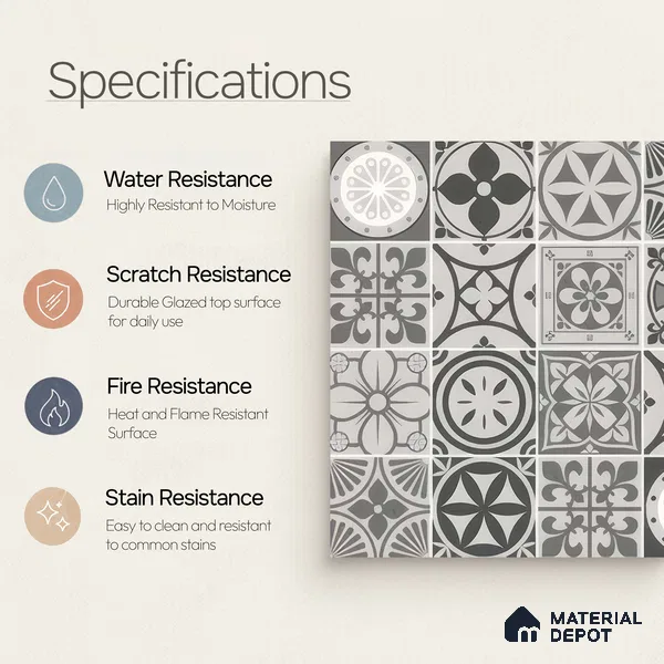 Moroccan Wall & Floor Tile TL 05194 Zellige Vibrant Grey Grey 1 ft x 1 ft Porcelain Matte Finish - 9 mm | Suitable for Kitchen, Bathroom, Balcony | Please Expect a Slight Variation of Pattern