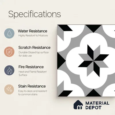 Moroccan Wall & Floor Tile TL 05209 Zellige Grey Floral Multi Colour 1 ft x 1 ft Porcelain Matte Finish - 9 mm | Suitable for Kitchen, Bathroom, Balcony | Please Expect a Slight Variation of Pattern