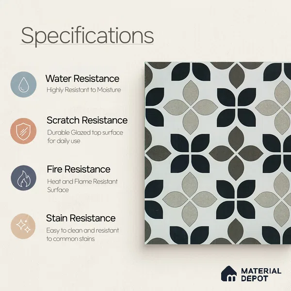 Moroccan Wall & Floor Tile TL 05219 B Zellige Monochrome Blossom Multi Colour 1 ft x 1 ft Porcelain Matte Finish - 9 mm | Suitable for Kitchen, Bathroom, Balcony | Please Expect a Slight Variation of Pattern