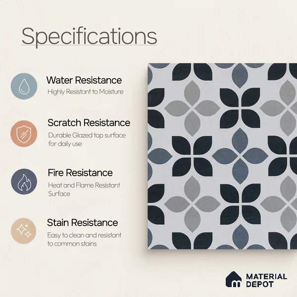 Moroccan Wall & Floor Tile TL 05219 Zellige Midnight Blossom Multi Colour 1 ft x 1 ft Porcelain Matte Finish - 9 mm | Suitable for Kitchen, Bathroom, Balcony | Please Expect a Slight Variation of Pattern
