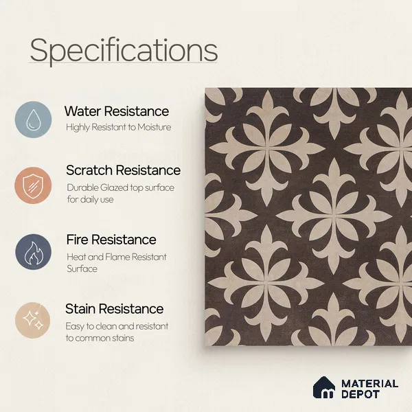 Moroccan Wall & Floor Tile TL 05222 Zellige Choco Beige Petals Brown 1 ft x 1 ft Porcelain Matte Finish - 9 mm | Suitable for Kitchen, Bathroom, Balcony | Please Expect a Slight Variation of Pattern