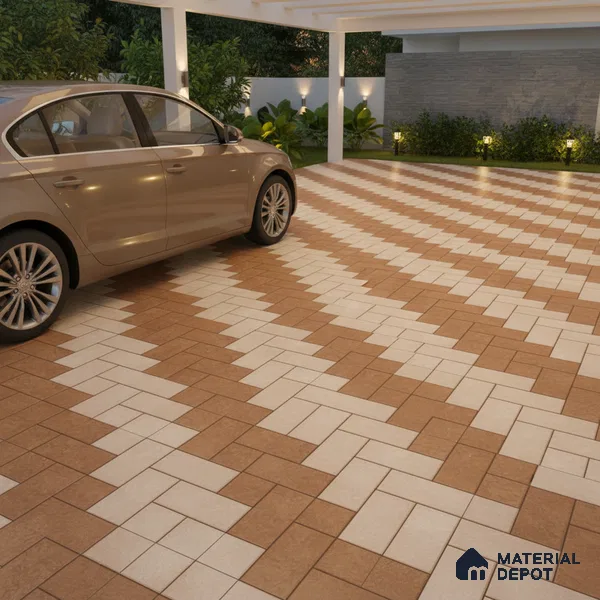 Geometric Floor Tile TL 05300 B Strada Herringbone Crema 16 inch x 16 inch Vitrified Punch Matte Finish - 12 mm | Suitable for Parking, Balcony, Courtyard, Patio, Terrace (Sample)