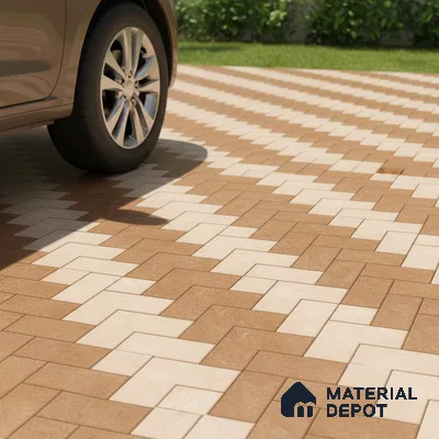 Geometric Floor Tile TL 05300 B Strada Herringbone Crema 16 inch x 16 inch Vitrified Punch Matte Finish - 12 mm | Suitable for Parking, Balcony, Courtyard, Patio, Terrace (Sample)