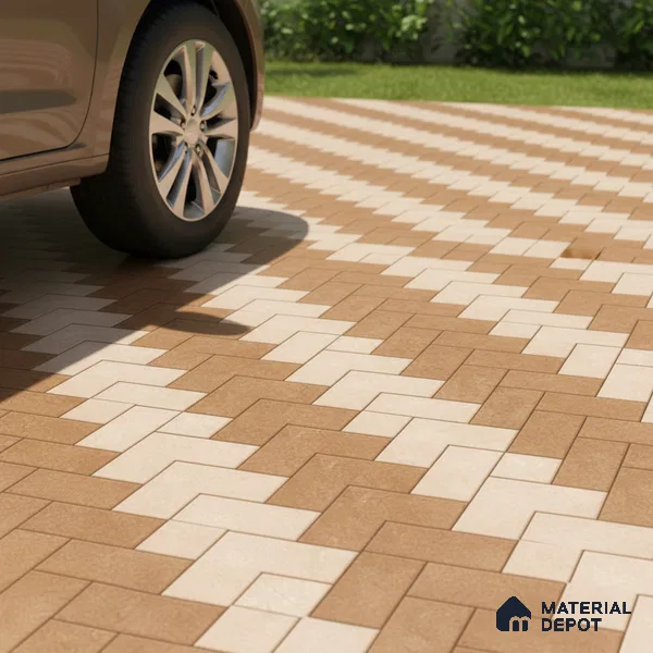 Geometric Floor Tile TL 05300 B Strada Herringbone Crema 16 inch x 16 inch Vitrified Punch Matte Finish - 12 mm | Suitable for Parking, Balcony, Courtyard, Patio, Terrace (Sample)