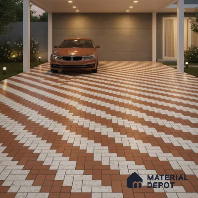 Geometric Floor Tile TL 05300 C Strada Herringbone Triza 16 inch x 16 inch Vitrified Punch Matte Finish - 12 mm | Suitable for Parking, Balcony, Courtyard, Patio, Terrace | Pattern Alignment May Vary | 2-3 mm Spacer is Mandatory