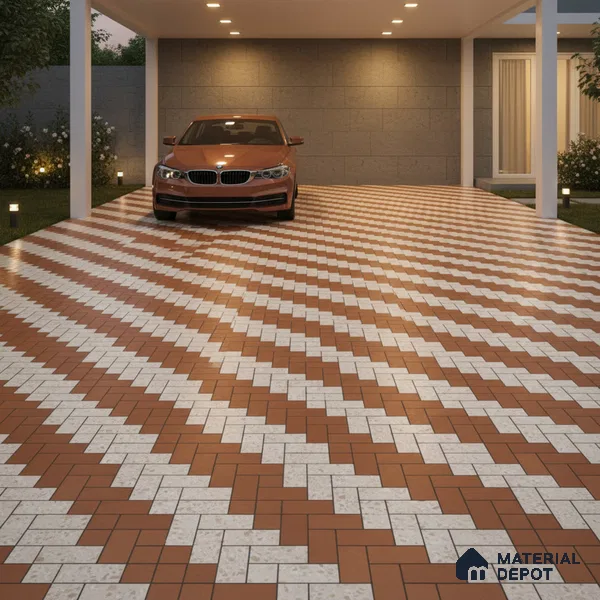 Geometric Floor Tile TL 05300 C Strada Herringbone Triza 16 inch x 16 inch Vitrified Punch Matte Finish - 12 mm | Suitable for Parking, Balcony, Courtyard, Patio, Terrace | Pattern Alignment May Vary | 2-3 mm Spacer is Mandatory