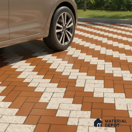 Stone Brick Floor Tile TL 05300 C Strada Herringbone Triza 16 inch x 16 inch Vitrified Punch Matte Finish - 12 mm | Suitable for Parking, Balcony, Courtyard, Patio, Terrace | Pattern Alignment May Vary | 2-3 mm Spacer is Mandatory