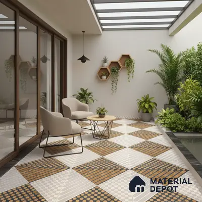 Geometric Floor Tile TL 05301 Strada Morse Triago 16 inch x 16 inch Vitrified Punch Matte Finish - 12 mm | Suitable for Parking, Balcony, Courtyard, Patio, Terrace | Pattern Alignment May Vary | 2-3 mm Spacer is Mandatory