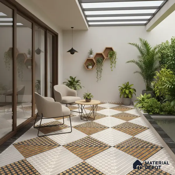 Geometric Floor Tile TL 05301 Strada Morse Triago 16 inch x 16 inch Vitrified Punch Matte Finish - 12 mm | Suitable for Parking, Balcony, Courtyard, Patio, Terrace | Pattern Alignment May Vary | 2-3 mm Spacer is Mandatory