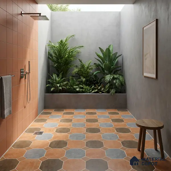 Hexagonal Look Floor Tile TL 05305 Strada Terracotta Octanne 16 inch x 16 inch Vitrified Plain Matte Finish - 12 mm | Suitable for Parking, Balcony, Courtyard, Patio, Terrace | Pattern Alignment May Vary | 2-3 mm Spacer is Mandatory