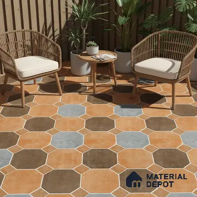 Hexagonal Look Floor Tile TL 05305 Strada Terracotta Octanne 16 inch x 16 inch Vitrified Plain Matte Finish - 12 mm | Suitable for Parking, Balcony, Courtyard, Patio, Terrace | Pattern Alignment May Vary | 2-3 mm Spacer is Mandatory