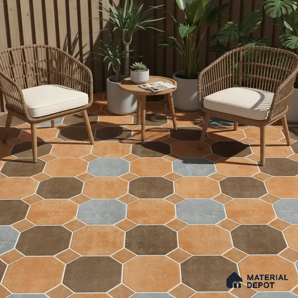 Hexagonal Look Floor Tile TL 05305 Strada Terracotta Octanne 16 inch x 16 inch Vitrified Plain Matte Finish - 12 mm | Suitable for Parking, Balcony, Courtyard, Patio, Terrace | Pattern Alignment May Vary | 2-3 mm Spacer is Mandatory