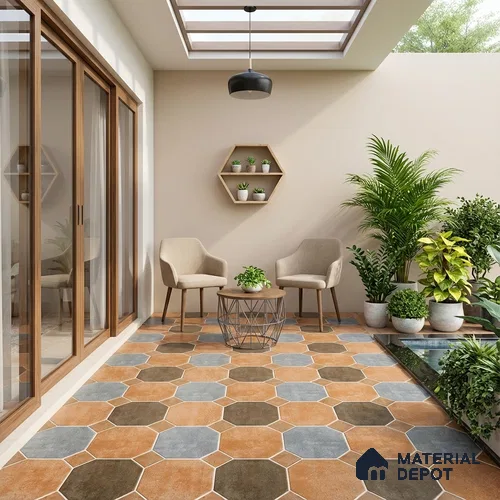 Hexagonal Look Floor Tile TL 05305 Strada Terracotta Octanne 16 inch x 16 inch Vitrified Plain Matte Finish - 12 mm | Suitable for Parking, Balcony, Courtyard, Bathroom | Pattern Alignment May Vary | 2-3 mm Spacer is Mandatory