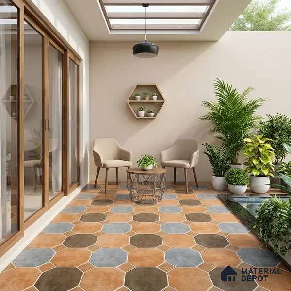 Hexagonal Look Floor Tile TL 05305 Strada Terracotta Octanne 16 inch x 16 inch Vitrified Plain Matte Finish - 12 mm | Suitable for Parking, Balcony, Courtyard, Patio, Terrace | Pattern Alignment May Vary | 2-3 mm Spacer is Mandatory