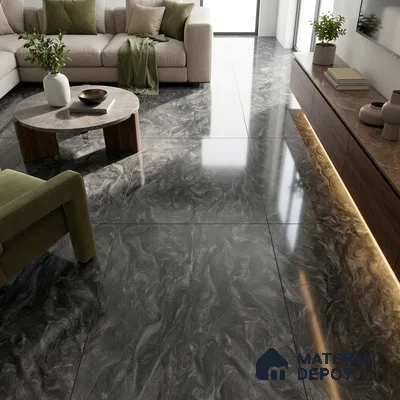 Marble Bardiglio Wall & Floor Tile TL 05310 F Charcoal Grey 4 ft x 2 ft High Gloss Finish Vitrified Tile - 9 mm | Suitable For Living Room, Bedroom, Dining