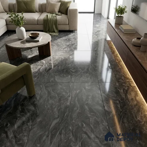 Marble Bardiglio Wall & Floor Tile TL 05310 F Charcoal Grey 4 ft x 2 ft High Gloss Finish Vitrified Tile - 9 mm | Suitable For Living Room, Bedroom, Dining
