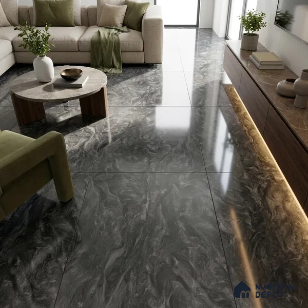 Marble Bardiglio Wall & Floor Tile TL 05310 F Charcoal Grey 4 ft x 2 ft High Gloss Finish Vitrified Tile - 9 mm | Suitable For Living Room, Bedroom, Dining