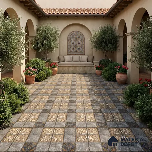 Moroccan Floor Tile TL 05333 Strada Floriana Grey 16 inch x 16 inch Vitrified Punch Matte Finish - 12 mm | Suitable for Parking, Balcony, Courtyard, Patio, Terrace | Pattern Alignment May Vary | 2-3 mm Spacer is Mandatory