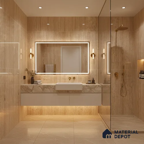 Natural Wall & Floor Tile TL 05337 B Aurelio Travertine Brown 4 ft x 2 ft Vitrified High Gloss Finish - 9 mm | Suitable for Living Room, Bedroom, Feature / Accent Walls & Highlighter Wall