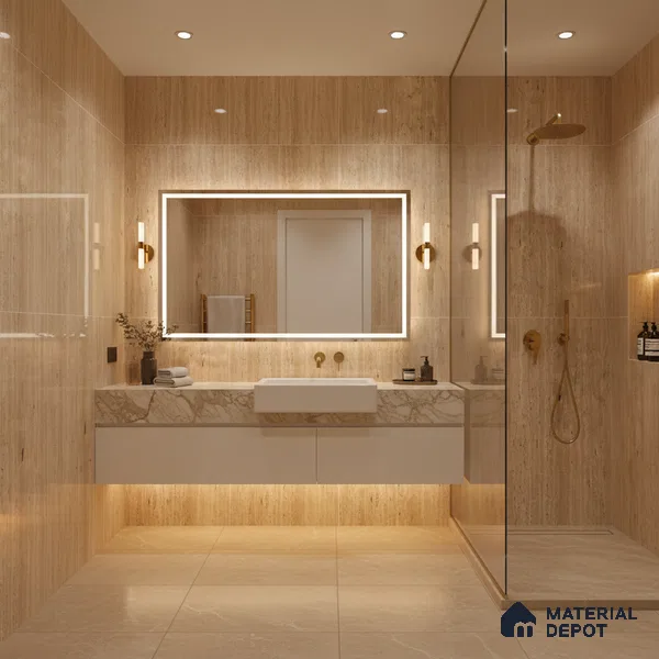 Natural Wall & Floor Tile TL 05337 B Aurelio Travertine Brown 4 ft x 2 ft Vitrified High Gloss Finish - 9 mm | Suitable for Living Room, Bedroom, Feature / Accent Walls & Highlighter Wall