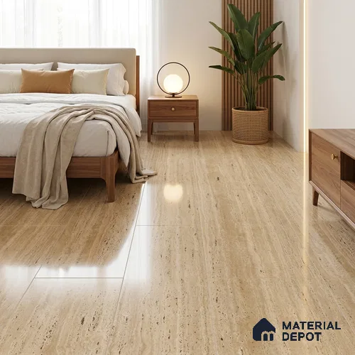 Natural Wall & Floor Tile TL 05337 B Aurelio Travertine Brown 4 ft x 2 ft Vitrified High Gloss Finish - 9 mm | Suitable for Living Room, Bedroom, Feature / Accent Walls & Highlighter Wall