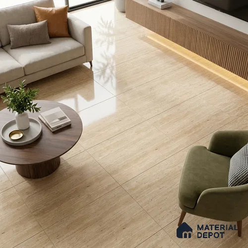 Marble Travertine Wall & Floor Tile TL 05337 B Camel Beige 4 ft x 2 ft High Gloss Finish Vitrified Tile - 9 mm | Suitable for Living Room, Dining, Feature / Accent Walls