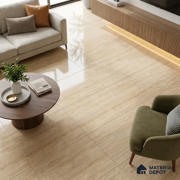 Marble Travertine Wall & Floor Tile TL 05337 B Camel Beige 4 ft x 2 ft High Gloss Finish Vitrified Tile - 9 mm | Suitable for Living Room, Dining, Feature / Accent Walls