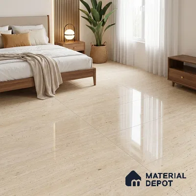 Natural Wall & Floor Tile TL 05337 Aurelio Travertine Crema 4 ft x 2 ft Vitrified High Gloss Finish - 9 mm | Suitable for Living Room, Bedroom, Feature / Accent Walls & Highlighter Wall