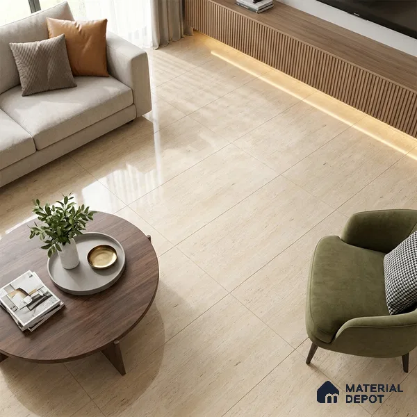 Marble Travertine Wall & Floor Tile TL 05337 Wheat Beige 4 ft x 2 ft High Gloss Finish Vitrified Tile - 9 mm | Suitable for Living Room, Dining, Feature / Accent Walls