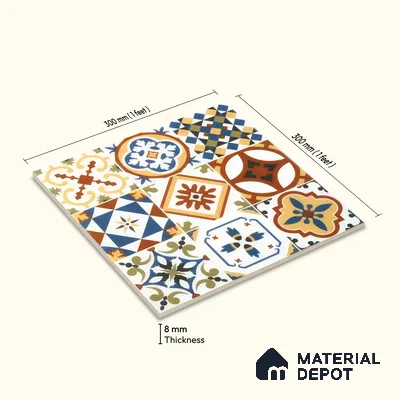 Moroccan Floor & Wall Tile TL 05424 Morissa Amber Azul 1 ft x 1 ft Ceramic Matte Finish - 7.5 mm | Suitable for Suitable for Bathroom, Kitchen, Balcony | Please Expect a Slight Variation of Pattern