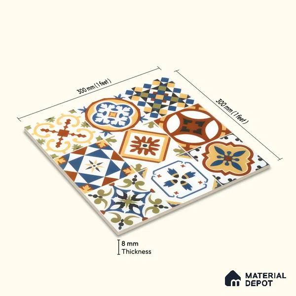 Moroccan Floor & Wall Tile TL 05424 Morissa Amber Azul 1 ft x 1 ft Ceramic Matte Finish - 7.5 mm | Suitable for Suitable for Bathroom, Kitchen, Balcony | Please Expect a Slight Variation of Pattern