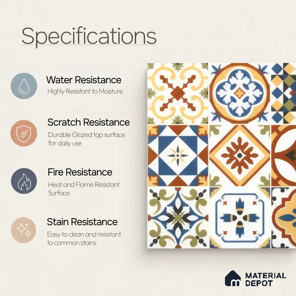 Moroccan Floor & Wall Tile TL 05424 Morissa Amber Azul 1 ft x 1 ft Ceramic Matte Finish - 7.5 mm | Suitable for Suitable for Bathroom, Kitchen, Balcony | Please Expect a Slight Variation of Pattern
