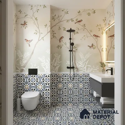 Moroccan Floor & Wall Tile TL 05430 B Morissa Blue Fleur 1 ft x 1 ft Ceramic Matte Finish - 7.5 mm | Suitable for Bathroom, Kitchen, Balcony | Please Expect a Slight Variation of Pattern