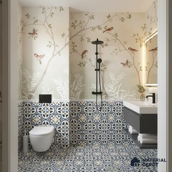 Moroccan Floor & Wall Tile TL 05430 B Morissa Blue Fleur 1 ft x 1 ft Ceramic Matte Finish - 7.5 mm | Suitable for Bathroom, Kitchen, Balcony | Please Expect a Slight Variation of Pattern