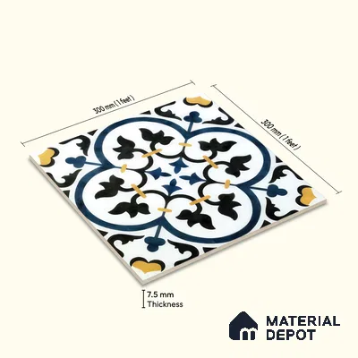 Moroccan Floor & Wall Tile TL 05430 B Morissa Blue Fleur 1 ft x 1 ft Ceramic Matte Finish - 7.5 mm | Suitable for Bathroom, Kitchen, Balcony | Please Expect a Slight Variation of Pattern