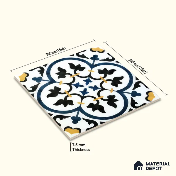 Moroccan Floor & Wall Tile TL 05430 B Morissa Blue Fleur 1 ft x 1 ft Ceramic Matte Finish - 7.5 mm | Suitable for Bathroom, Kitchen, Balcony | Please Expect a Slight Variation of Pattern