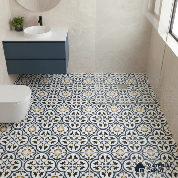 Moroccan Floor & Wall Tile TL 05430 B Morissa Blue Fleur 1 ft x 1 ft Ceramic Matte Finish - 7.5 mm | Suitable for Bathroom, Kitchen, Balcony | Please Expect a Slight Variation of Pattern