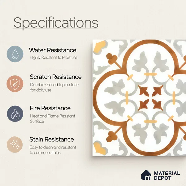 Moroccan Floor & Wall Tile TL 05430 Morissa Terrabrown 1 ft x 1 ft Ceramic Matte Finish - 7.5 mm | Suitable for Bathroom, Kitchen, Balcony | Please Expect a Slight Variation of Pattern