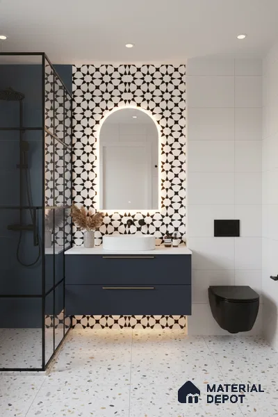 Moroccan Floor & Wall Tile TL 05433 Morissa Monochrome Stargaze 1 ft x 1 ft Ceramic Matte Finish - 7.5 mm | Suitable for Bathroom, Kitchen, Balcony | Please Expect a Slight Variation of Pattern (Sample)