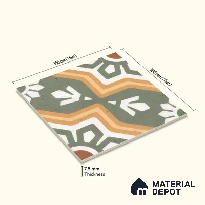 Moroccan Floor & Wall Athangudi Tile TL 05441 Morissa Green Rangoli 1 ft x 1 ft Ceramic Matte Finish - 7.5 mm | Suitable for Bathroom, Kitchen, Balcony | Please Expect a Slight Variation of Pattern