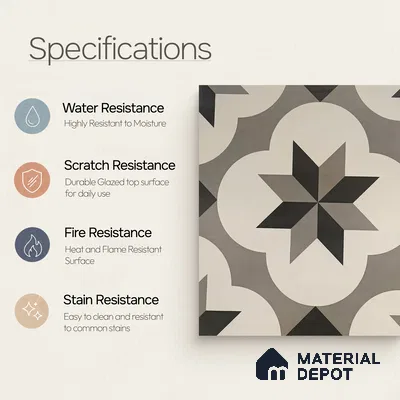 Moroccan Floor & Wall Tile TL 05449 Morissa Dove Gray 1 ft x 1 ft Ceramic Matte Finish - 7.5 mm | Suitable for Bathroom, Kitchen, Balcony | Please Expect a Slight Variation of Pattern