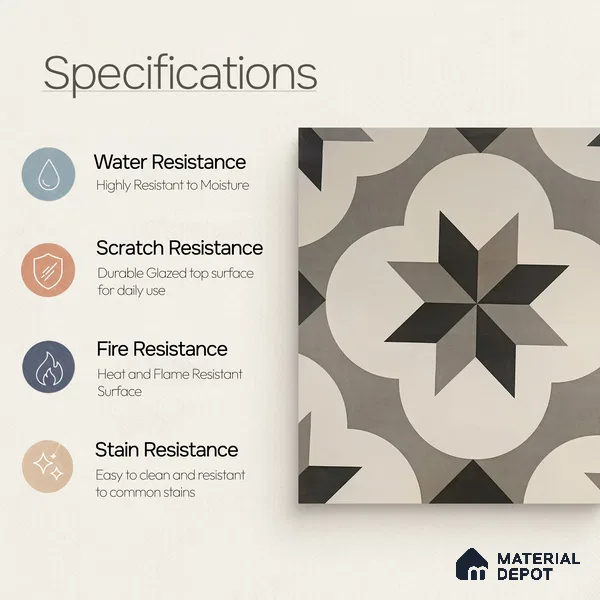 Moroccan Floor & Wall Tile TL 05449 Morissa Dove Gray 1 ft x 1 ft Ceramic Matte Finish - 7.5 mm | Suitable for Bathroom, Kitchen, Balcony | Please Expect a Slight Variation of Pattern
